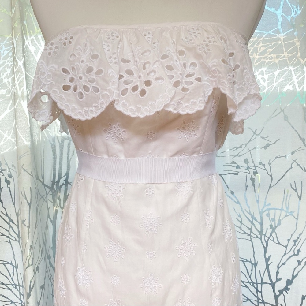 MILLY all white cotton strapless ruffle eyelet lace waist belt fitted dress - Picture 3 of 13